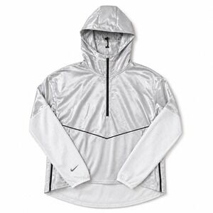 Nike Aeroshield Metallic Silver White Half Zip Hooded Running Jacket Mens Medium